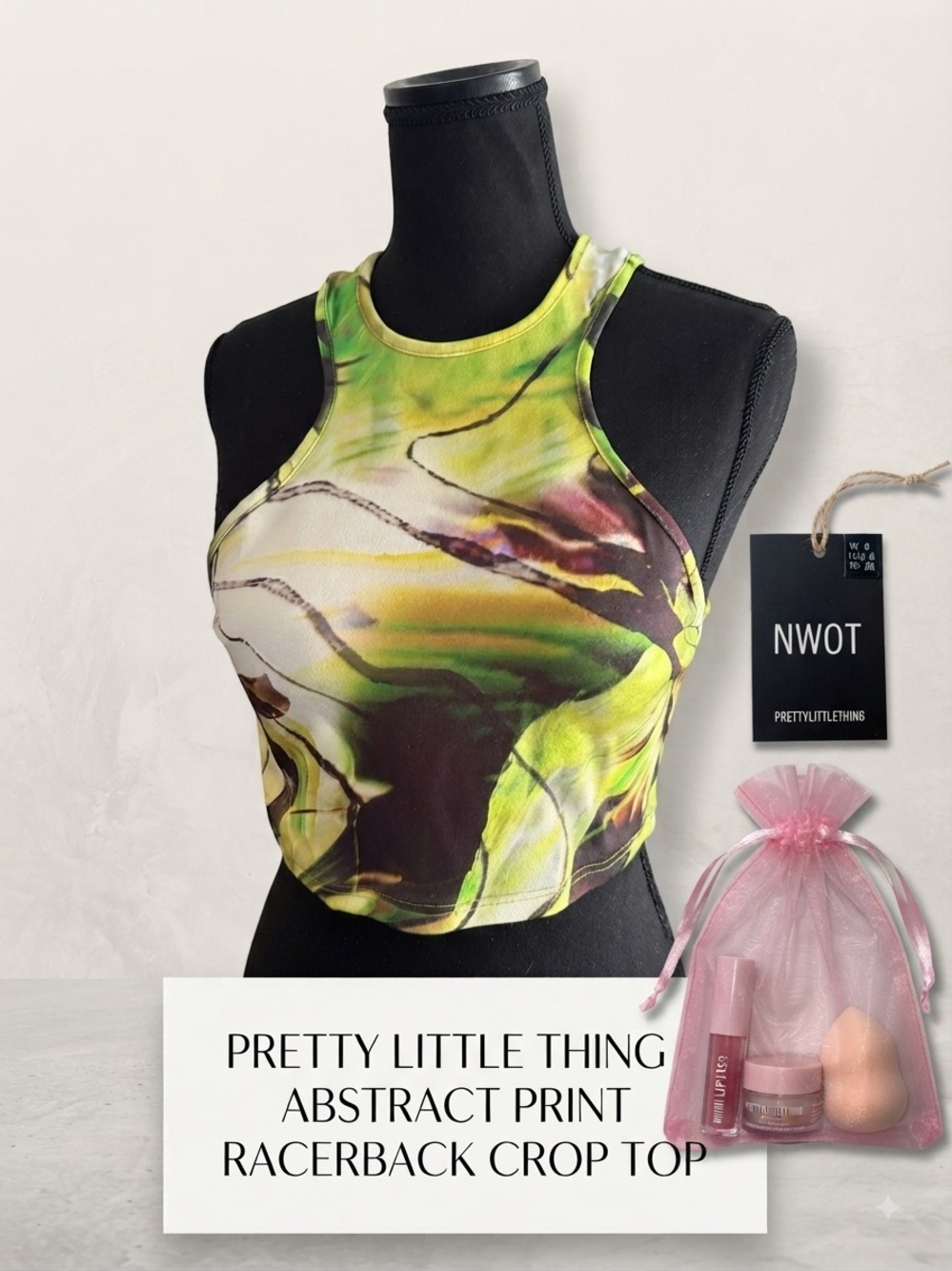 NWOT PrettyLittleThing Abstract Print Racerback Crop Top-4 & Beauty gift bag